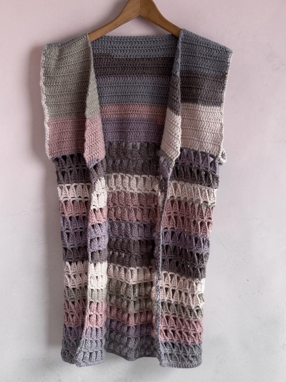 Boho Open Crochet Knit Sleeveless‎ Cardigan Vest Muted Ombre One Size